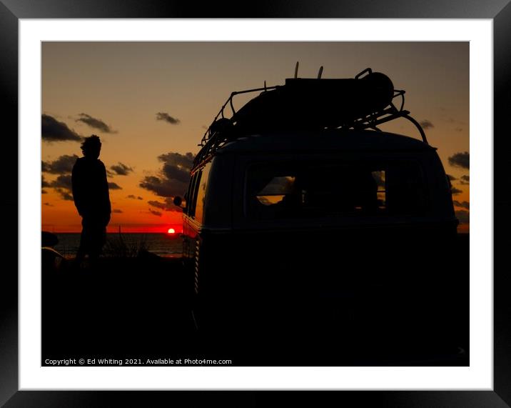 Split screen VW camper van in a Cornish sunset Framed Mounted Print by Ed Whiting