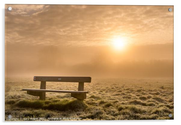 A bench at sunrise on a foggy winter morning Acrylic by Gary Holpin