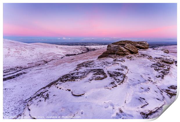 A pastel winter dawn on Black Tor, Dartmoor Print by Gary Holpin
