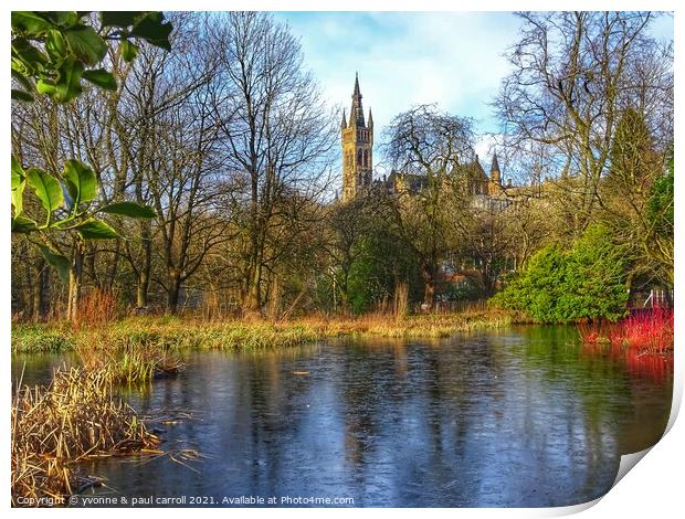 Kelvingrove pond and Glasgow University Print by yvonne & paul carroll