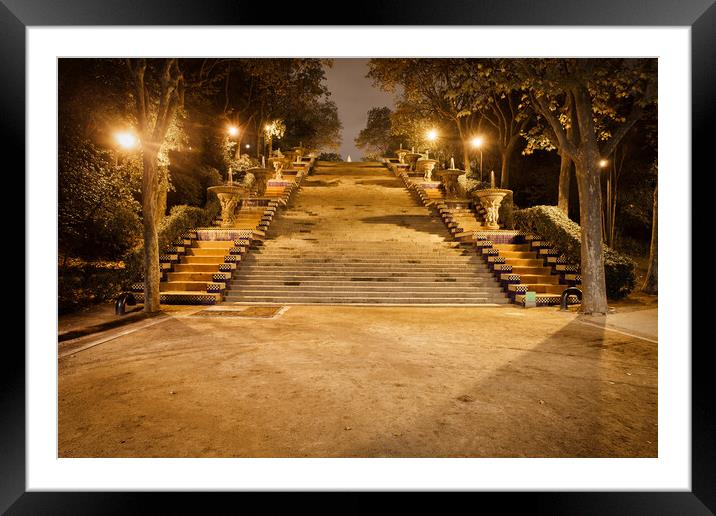 Stairs at Montjuic Hill at Night in Barcelona Framed Mounted Print by Artur Bogacki