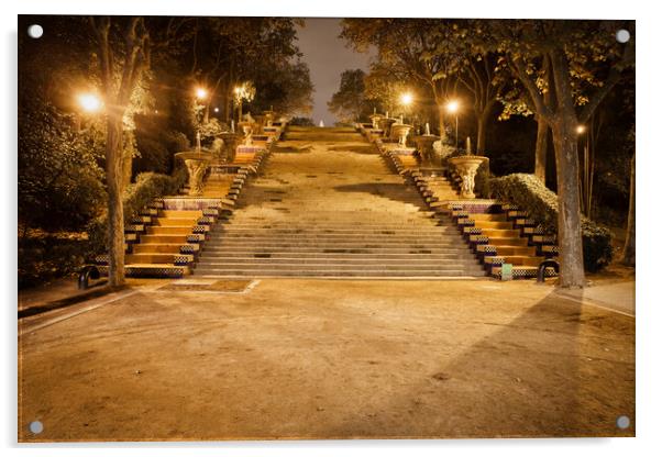Stairs at Montjuic Hill at Night in Barcelona Acrylic by Artur Bogacki
