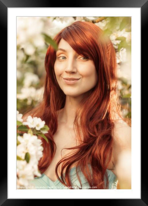 Woman With Quirky Grin In Spring Blossom Framed Mounted Print by Amanda Elwell