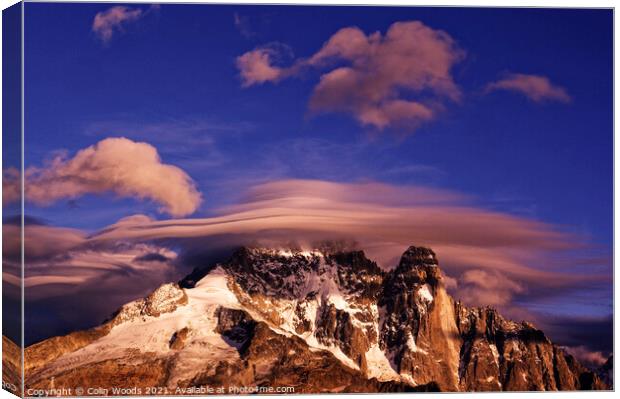 Dramatic cloud cap on the Aiguille Verte in the French Alps Canvas Print by Colin Woods