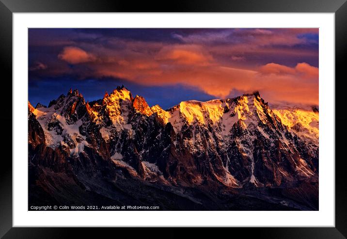 Fiery sunset light on the Chamonix Aiguilles in the French Alps Framed Mounted Print by Colin Woods