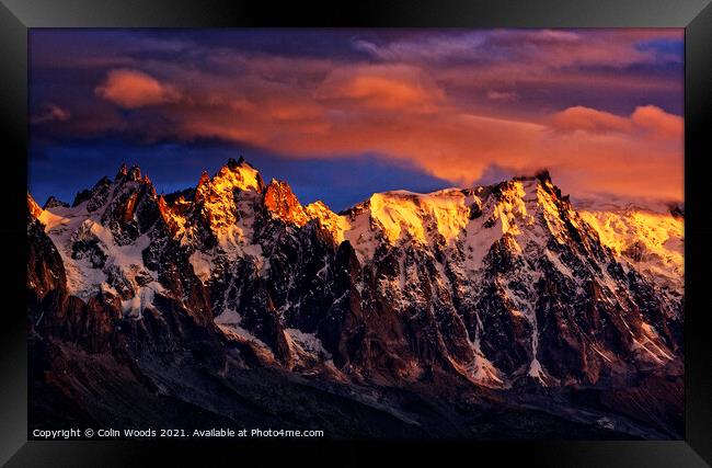 Fiery sunset light on the Chamonix Aiguilles in the French Alps Framed Print by Colin Woods