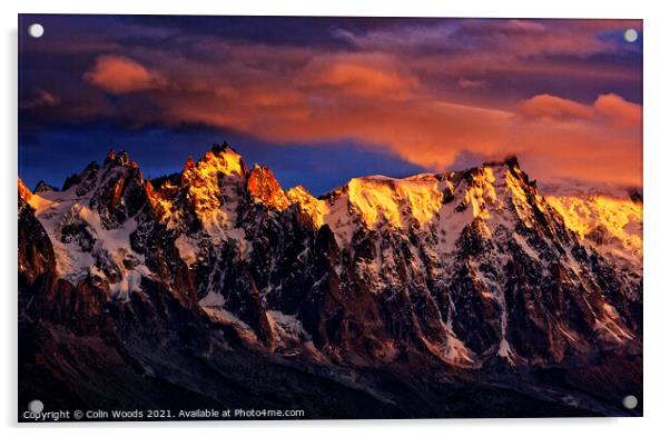 Fiery sunset light on the Chamonix Aiguilles in the French Alps Acrylic by Colin Woods