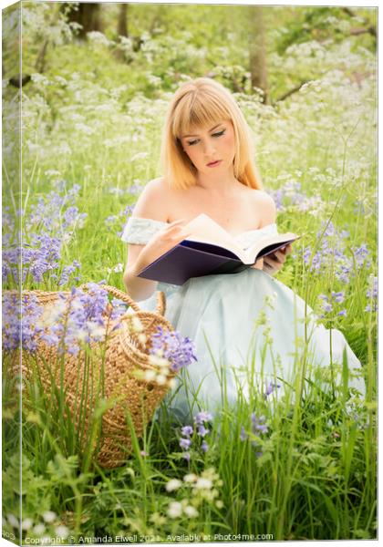 Woman Reading In Spring Meadow Canvas Print by Amanda Elwell