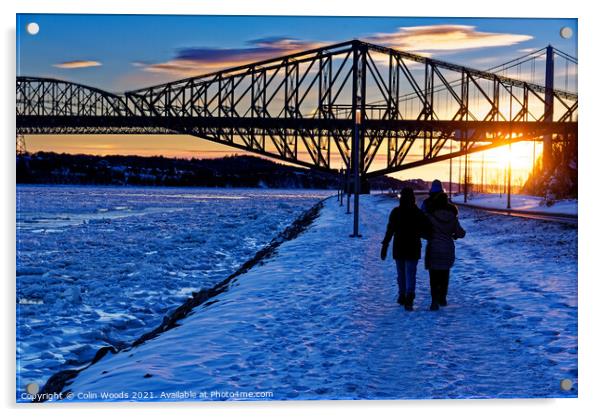 Walking by the frozen St Lawrence river in Quebec City, Canada Acrylic by Colin Woods