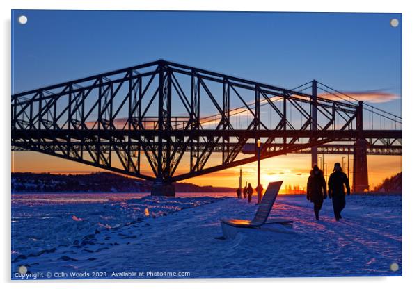 People walking by the frozen St Lawrence river in Quebec Canada Acrylic by Colin Woods