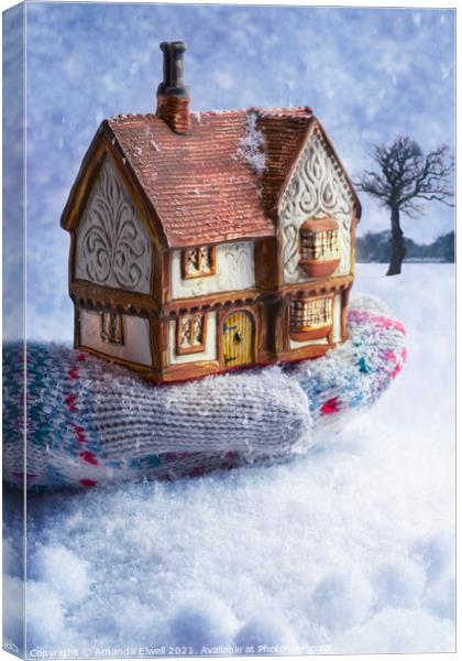 Winter Cottage In Gloved Hand Canvas Print by Amanda Elwell