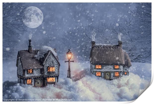 Winter Cottages In Snow Print by Amanda Elwell