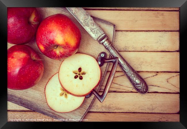 Apples On Rustic Chopping Board Framed Print by Amanda Elwell