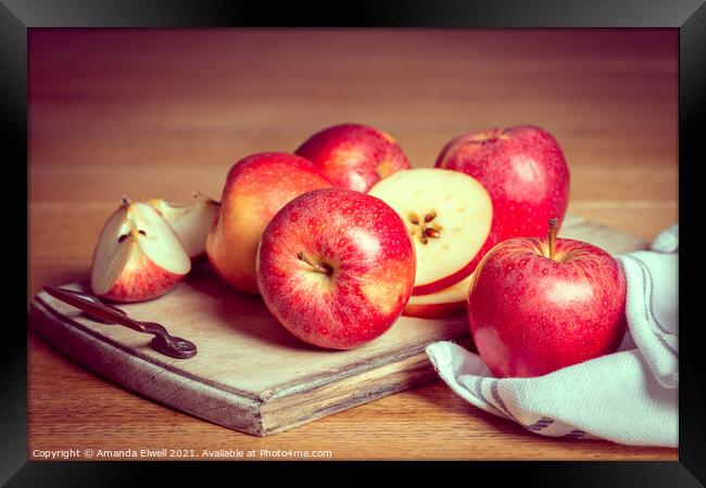 Red Apples On Rustic Chopping Board Framed Print by Amanda Elwell