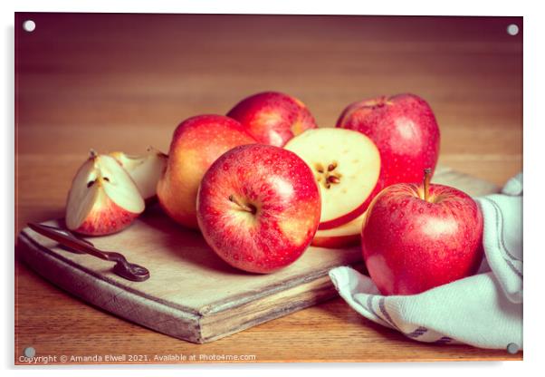Red Apples On Rustic Chopping Board Acrylic by Amanda Elwell