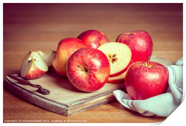 Red Apples On Rustic Chopping Board Print by Amanda Elwell