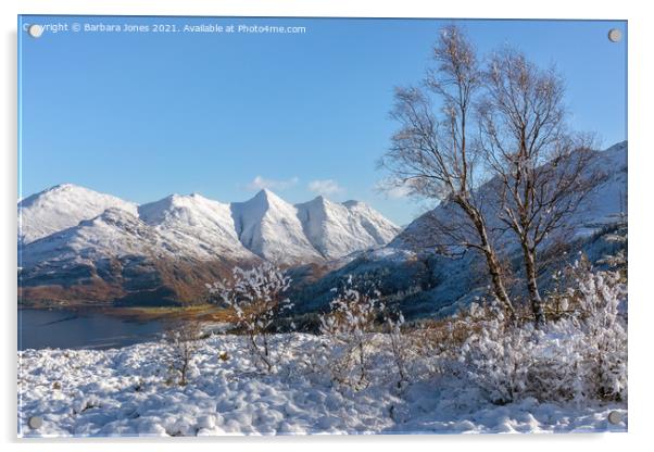 Five Sisters of Kintail Snow  Mam Ratagan Scotland Acrylic by Barbara Jones