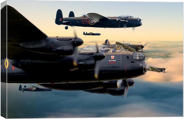 Lancaster Bombers andDawn Escort Canvas Print by David Stanforth