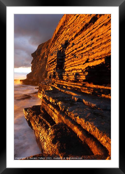 Limestone cliffs at sunset, Dunraven Bay, Southerndown, South Wales Framed Mounted Print by Geraint Tellem ARPS