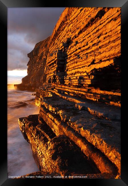 Limestone cliffs at sunset, Dunraven Bay, Southerndown, South Wales Framed Print by Geraint Tellem ARPS