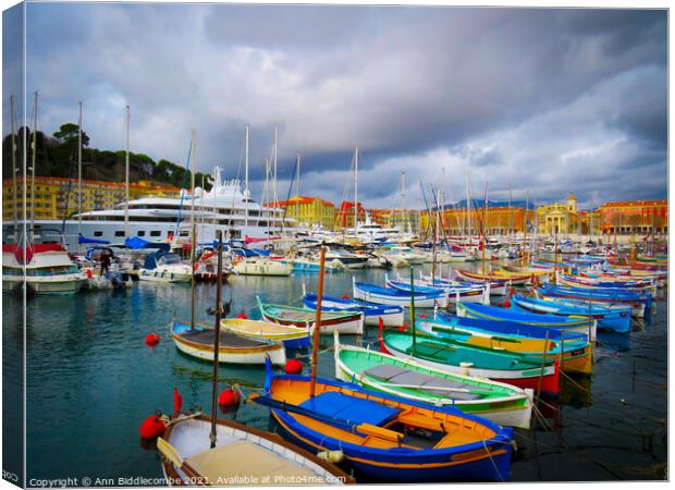 Pretty colorful boats in Nice marina Canvas Print by Ann Biddlecombe