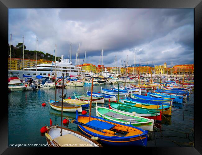 Pretty colorful boats in Nice marina Framed Print by Ann Biddlecombe