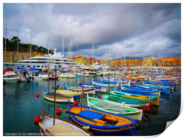 Pretty colorful boats in Nice marina Print by Ann Biddlecombe
