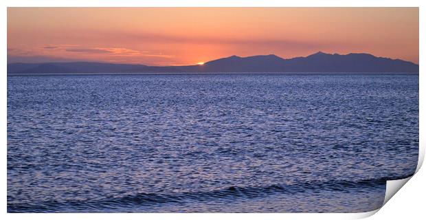 Arran and its mountains silhouetted by a setting s Print by Allan Durward Photography