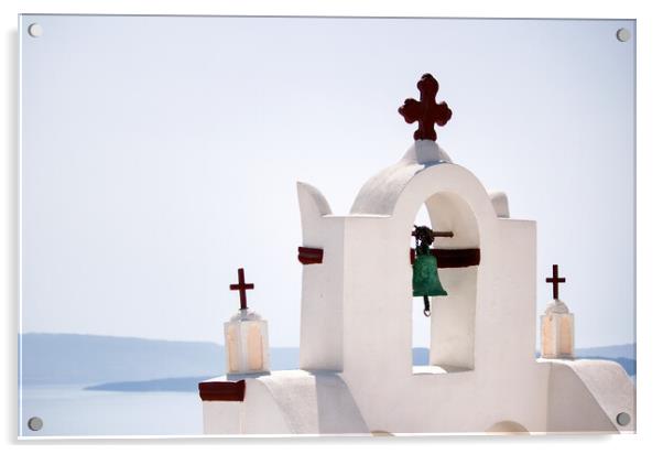A tower top of a church with cross sign and bells architecture located in oia village in one of Cycladic island in Santorini, Greece against sea. Acrylic by Arpan Bhatia