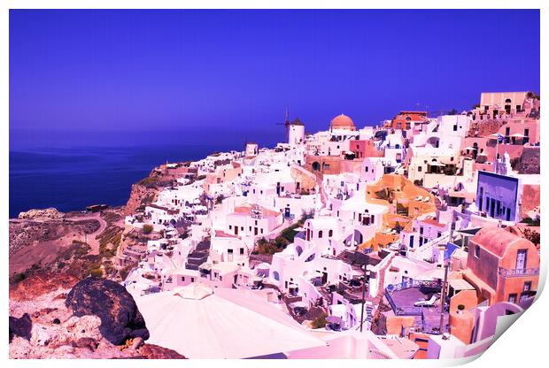 Santorini, Greece: Beautiful city of Oia ( Ia ) on a hill of white houses with blue roof and windmills against dramatic pink sky, located in Greek Cyclades islands in Mediterranean sea Print by Arpan Bhatia