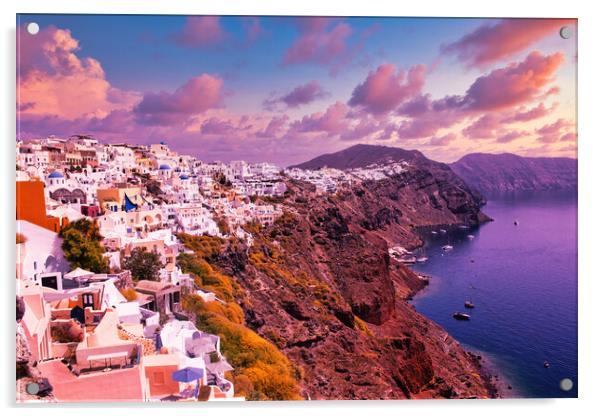 Santorini, Greece: Beautiful city of Oia ( Ia ) on a hill of white houses with blue roof against dramatic pink sky, located in Greek Cyclades islands in Mediterranean sea Acrylic by Arpan Bhatia