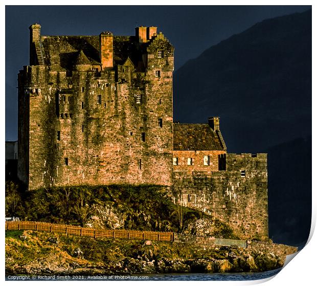 A zoom crop of Eilean Donan Castle from the west.  Print by Richard Smith
