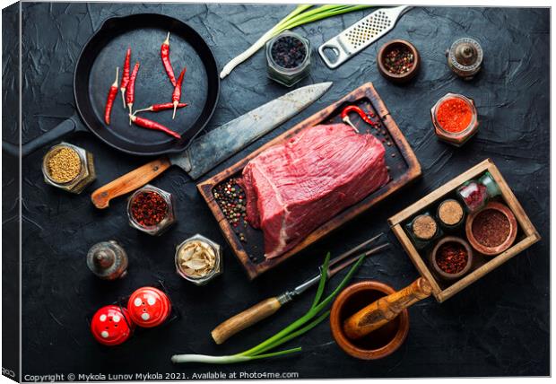 Raw veal meat with seasoning Canvas Print by Mykola Lunov Mykola