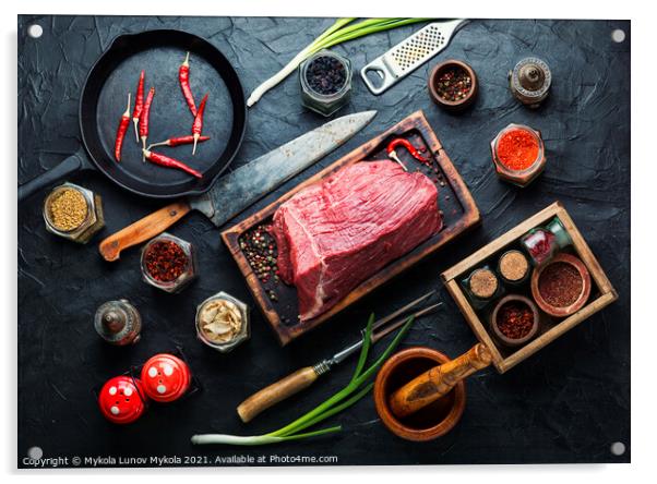 Raw veal meat with seasoning Acrylic by Mykola Lunov Mykola