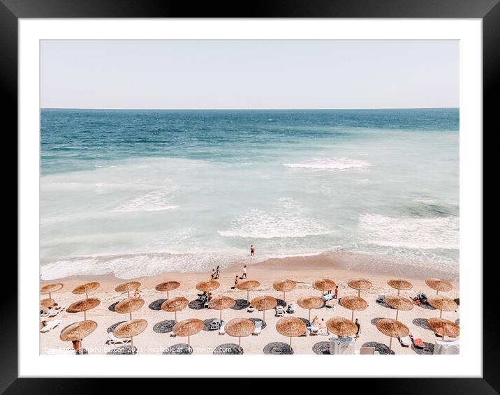 Summer Ocean View, Beach Umbrellas Seaside Art Print, Teal Sea Horizon Framed Mounted Print by Radu Bercan