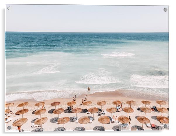 Summer Ocean View, Beach Umbrellas Seaside Art Print, Teal Sea Horizon Acrylic by Radu Bercan