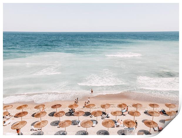 Summer Ocean View, Beach Umbrellas Seaside Art Print, Teal Sea Horizon Print by Radu Bercan