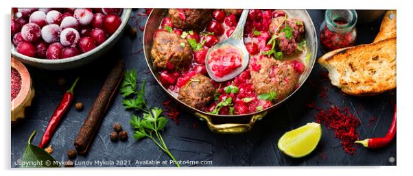 Lamb meatballs in cherry sauce Acrylic by Mykola Lunov Mykola
