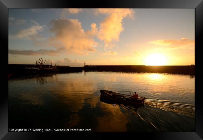 Going out in the morning light, small fishing boat at Newlyn. Framed Print by Ed Whiting