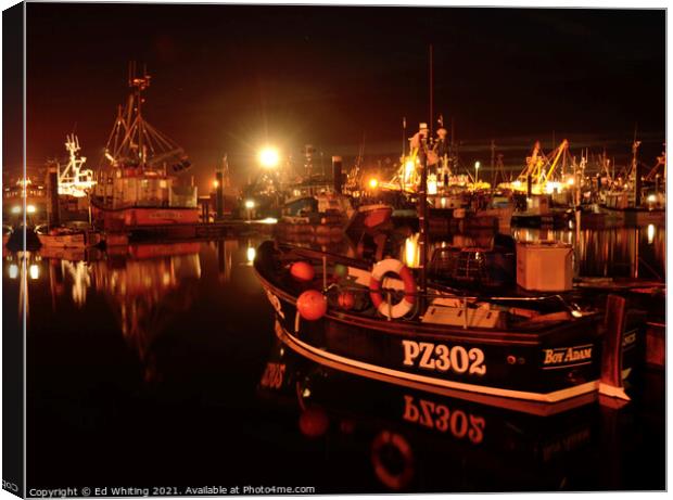 Night time at NewLyn Harbour, Cornwall Canvas Print by Ed Whiting