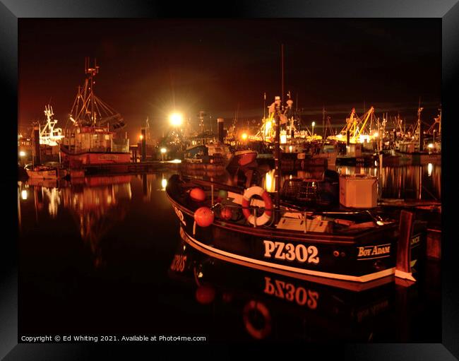 Night time at NewLyn Harbour, Cornwall Framed Print by Ed Whiting