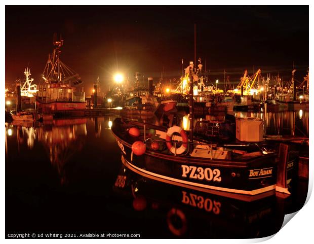 Night time at NewLyn Harbour, Cornwall Print by Ed Whiting