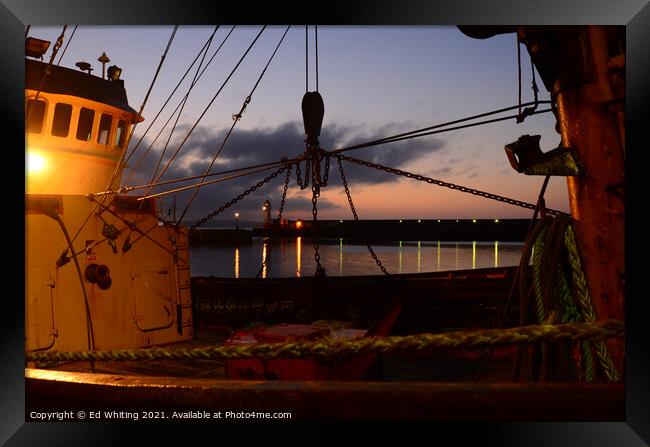 Fishing Trawler at sunrise in the harbour at Newlyn, Cornwall. Framed Print by Ed Whiting
