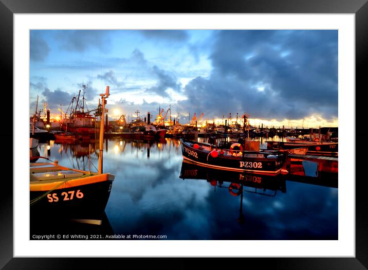As morning breaks in Newlyn Harbour, Cornwall. Framed Mounted Print by Ed Whiting