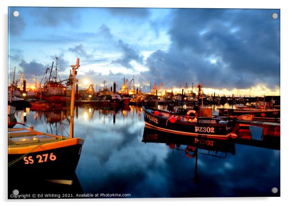 As morning breaks in Newlyn Harbour, Cornwall. Acrylic by Ed Whiting