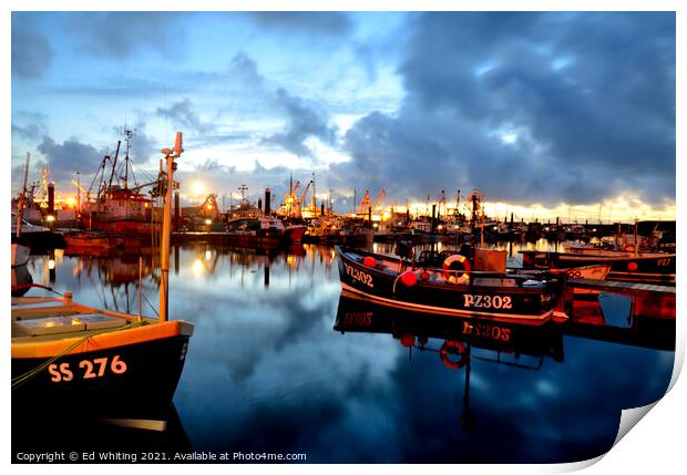 As morning breaks in Newlyn Harbour, Cornwall. Print by Ed Whiting