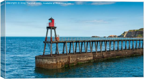 Whitby East Lighthouse and jetty, North Yorkshire Canvas Print by Greg Marshall
