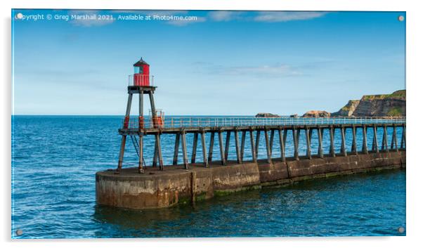 Whitby East Lighthouse and jetty, North Yorkshire Acrylic by Greg Marshall