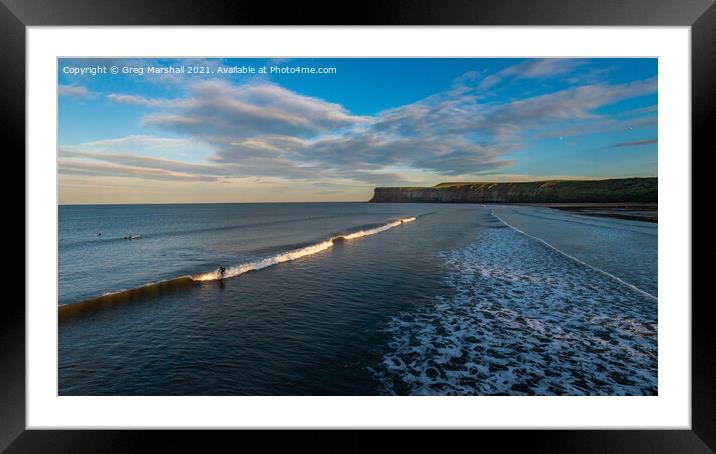 Surfers at Saltburn, Teesside / North Yorkshire at sunset. Framed Mounted Print by Greg Marshall