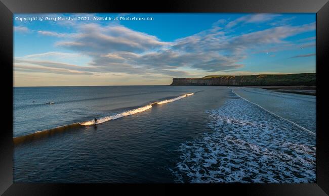 Surfers at Saltburn, Teesside / North Yorkshire at sunset. Framed Print by Greg Marshall